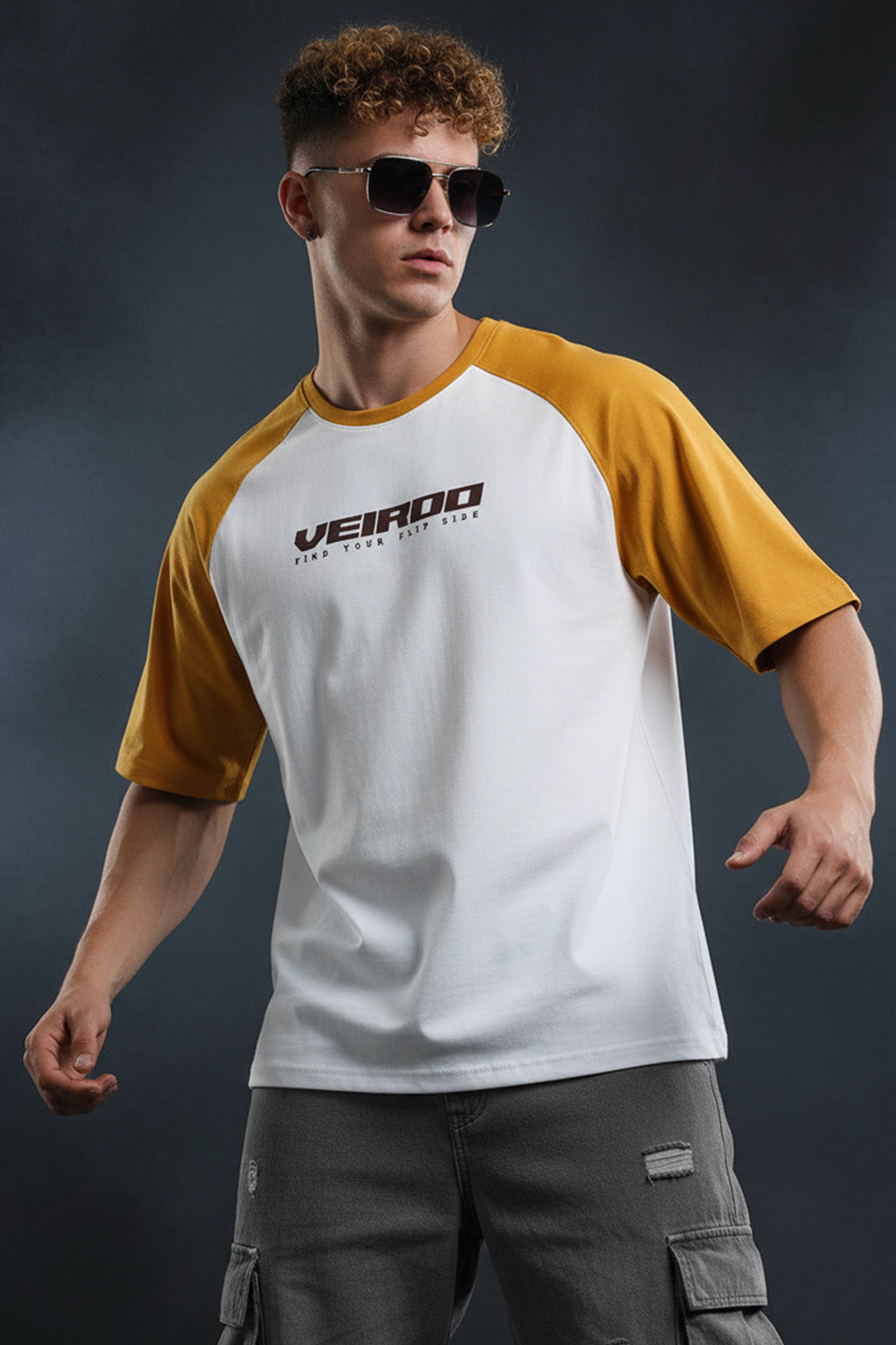 White-Yellow Raglan Oversized Typography Printed T-shirt