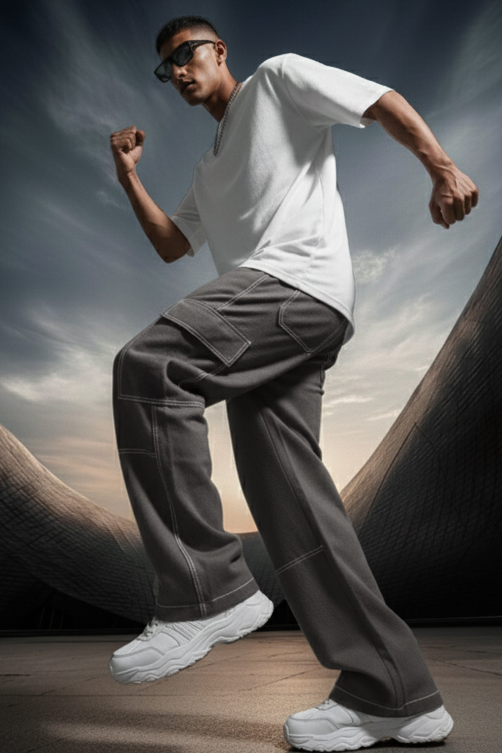 Grey Pure Woven Straight Fit 5 Pocket Cargo