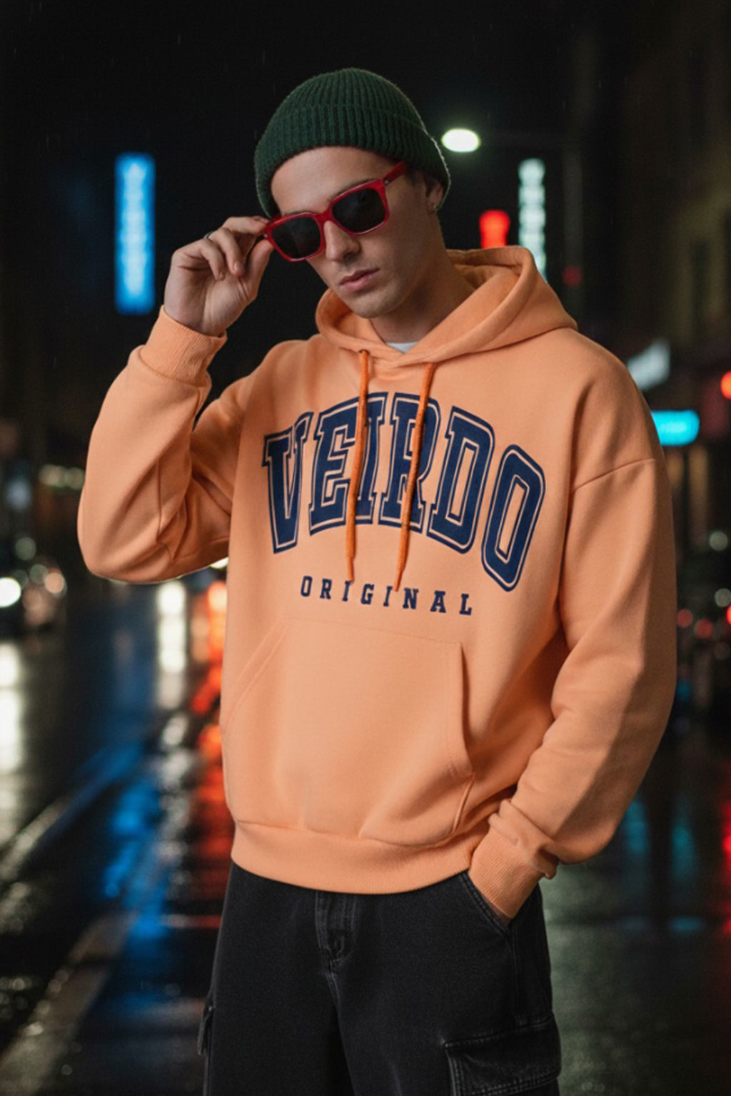 Veirdo Original Orange Front Printed Oversized Hoodie