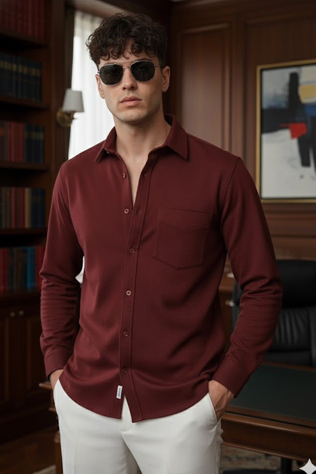 Maroon Plain Regular Fit Single Pocket Full Sleeve Exclusive Shirt