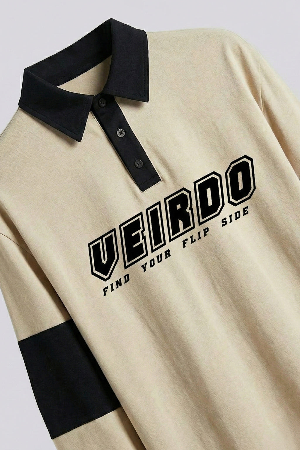 Veirdo Beige & Black Oversized Full Sleeve Exclusive Polo T-shirt