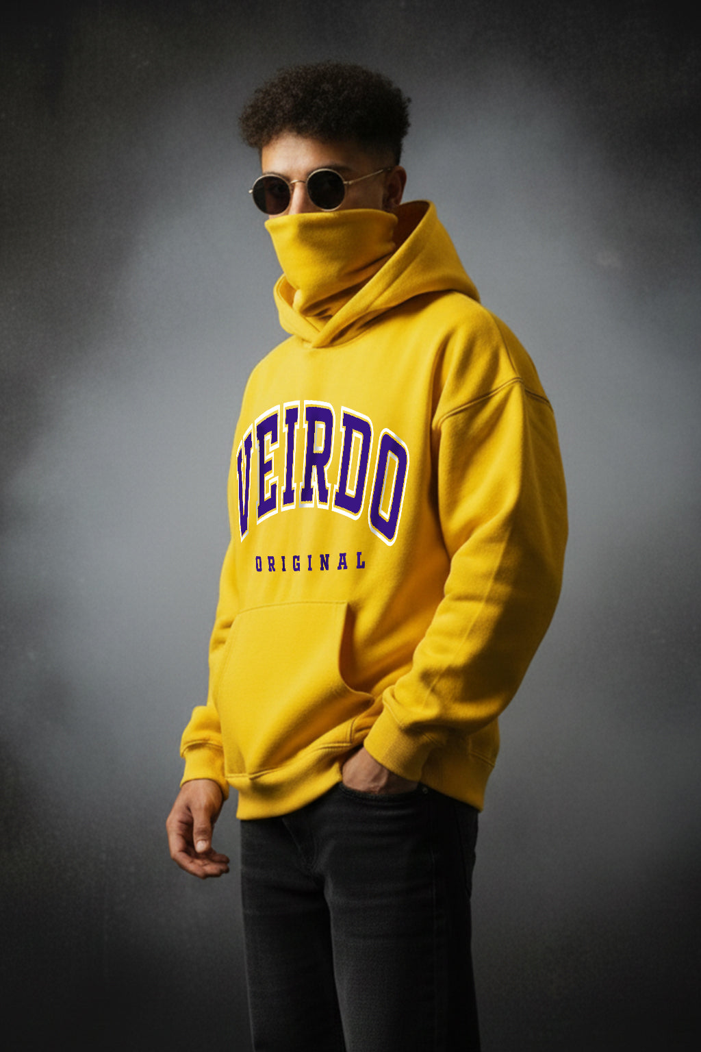 Veirdo Original Mustard Oversized Printed Hoodie With Face Mask