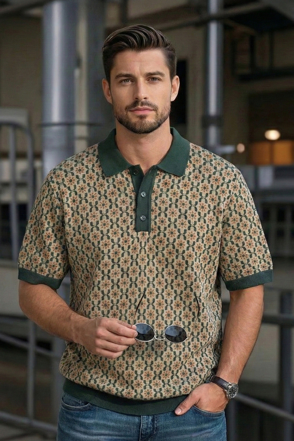Milano Mosaic Green Flatknit Textured Loose Fit Exclusive Polo T-Shirt