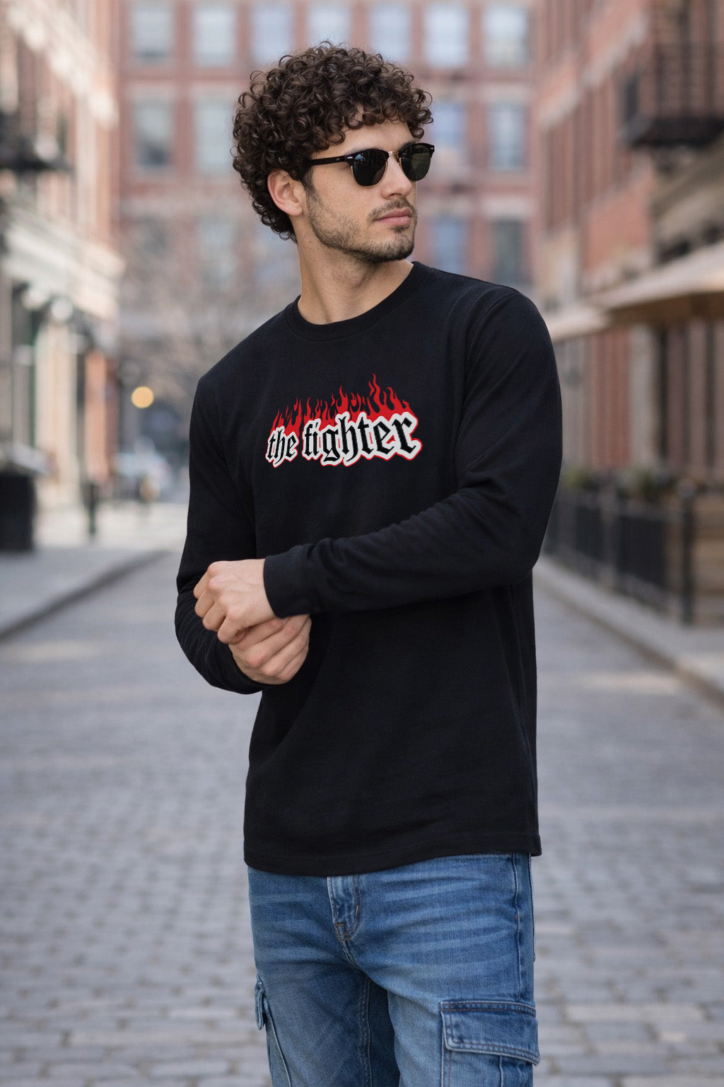 Fighter Black Full Sleeves Regular Fit Printed T-shirt