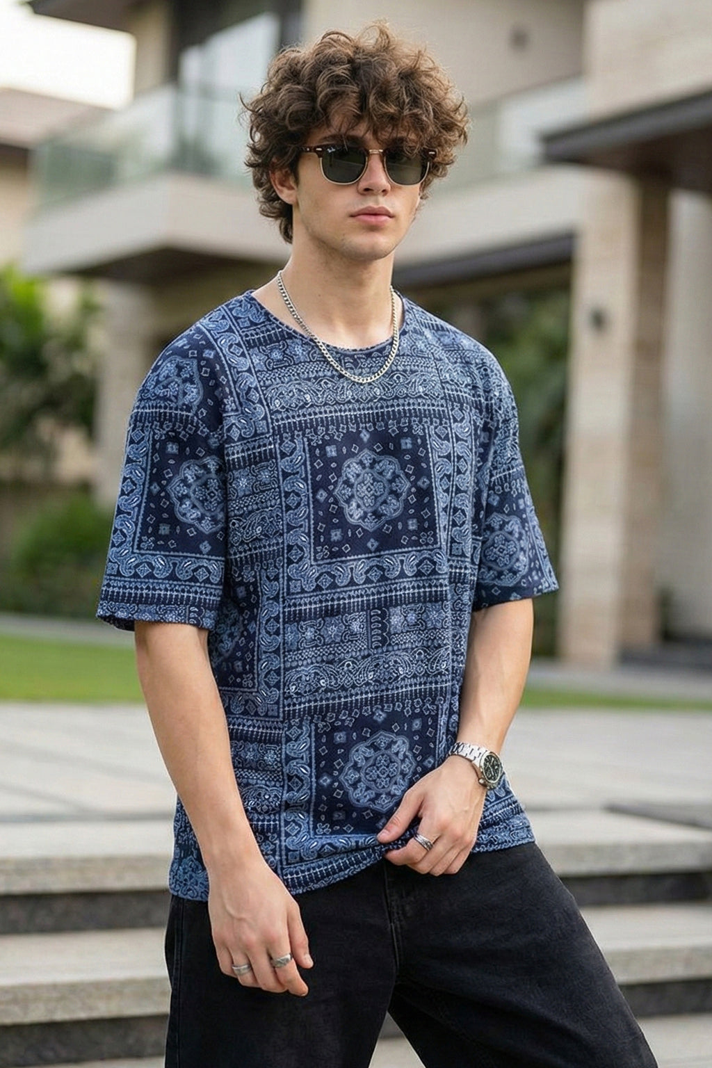 Paisley Navy Oversized All Over Printed T-shirt