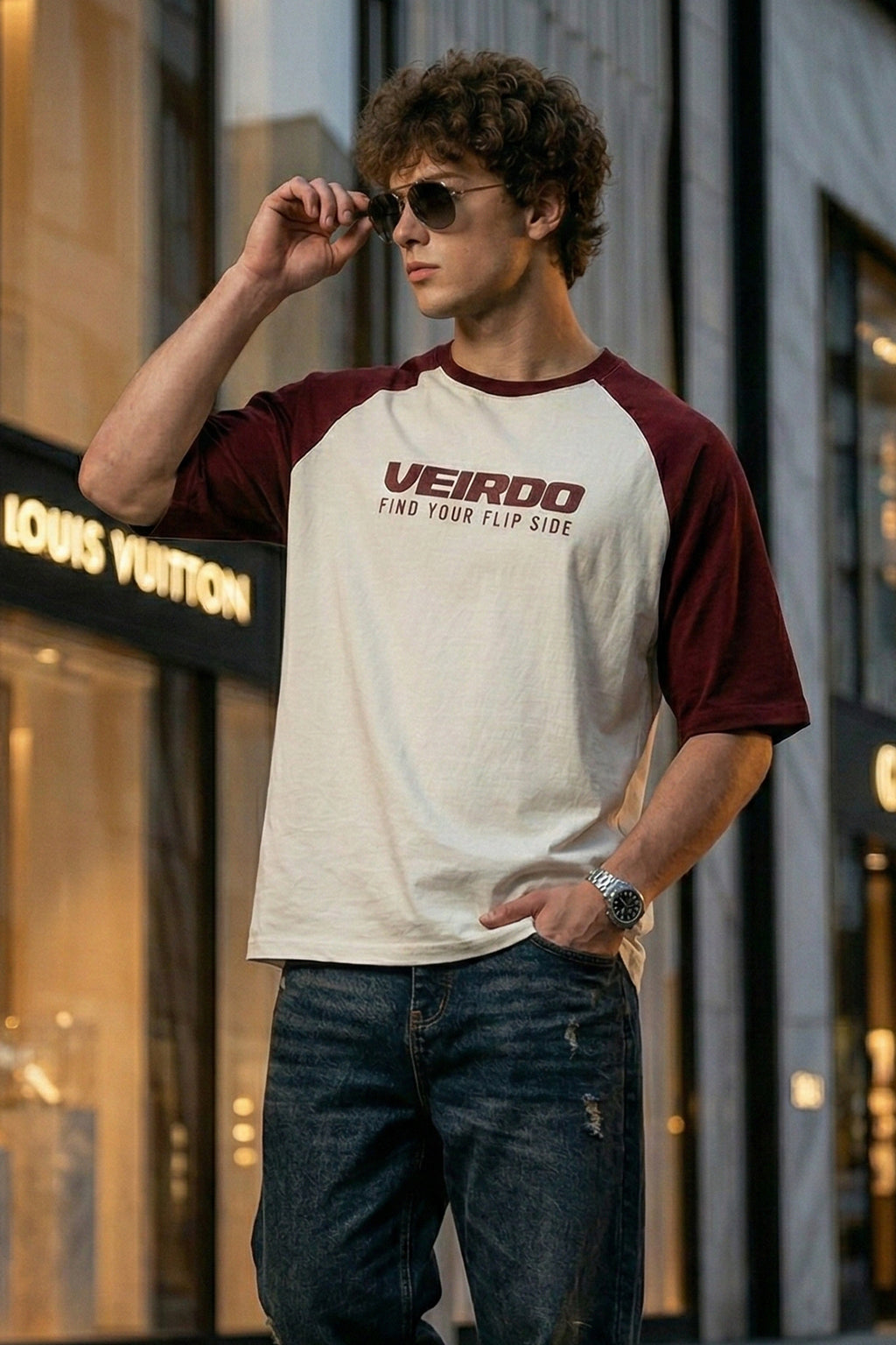 Swanwhite-Maroon Raglan Oversized Typography Printed T-shirt