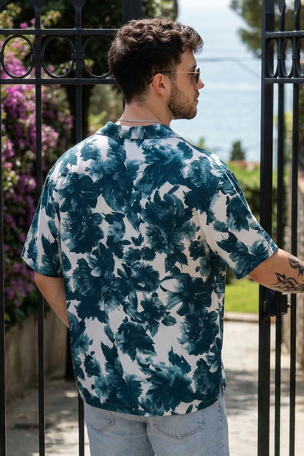 Leaf Print White & Navy Oversized All Over Printed Exclusive Shirt