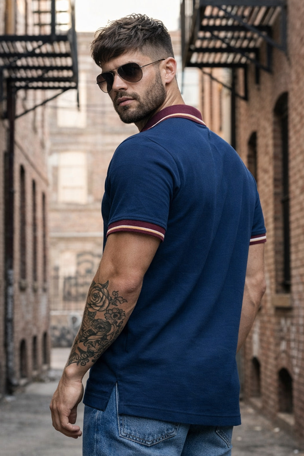 Navy Contrast Stripped Collar Economic Regular Fit Pique Polo