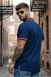 Navy Contrast Stripped Collar Economic Regular Fit Pique Polo