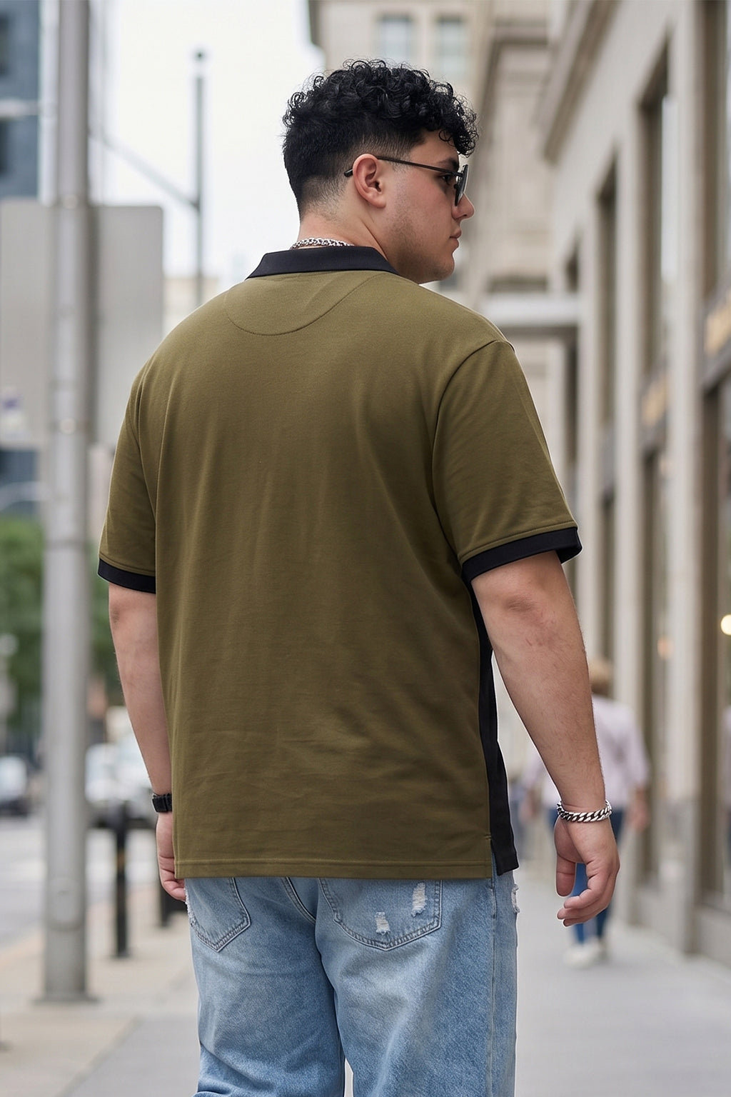 Olive And Black Striped Plus Size Polo T-shirt
