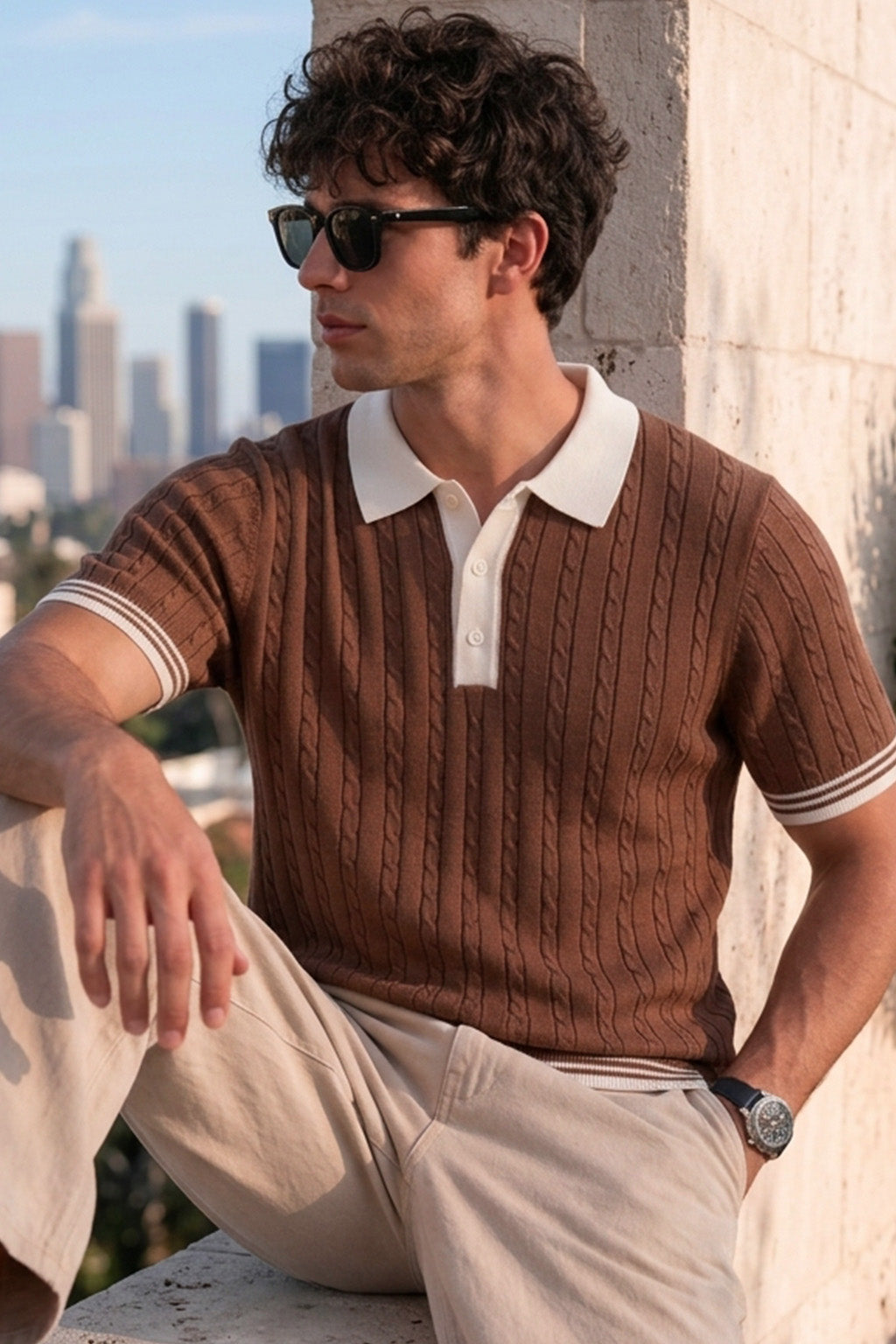 Cable Knit Brown Flatknit Textured Regular Fit Exclusive Button Polo T-Shirt