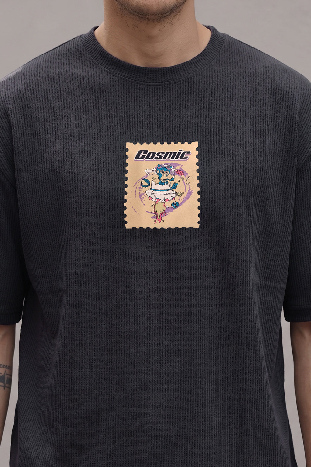 Cosmic Dark Grey Oversized Textured T-shirt