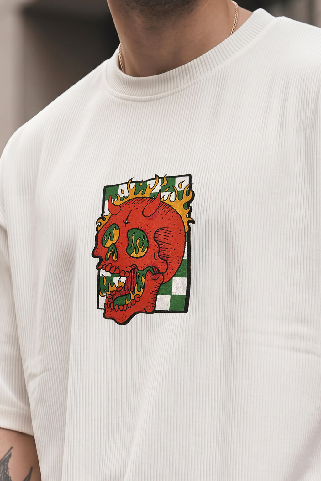 Fire Skull White Oversized Textured T-shirt
