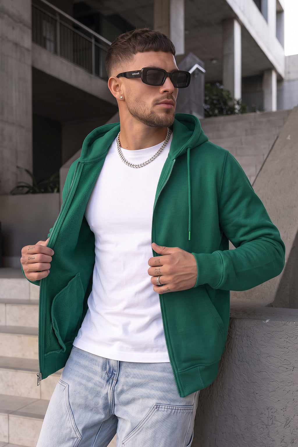 Green Ribbed Cuff Regular Fit Zip-Up Hoodie