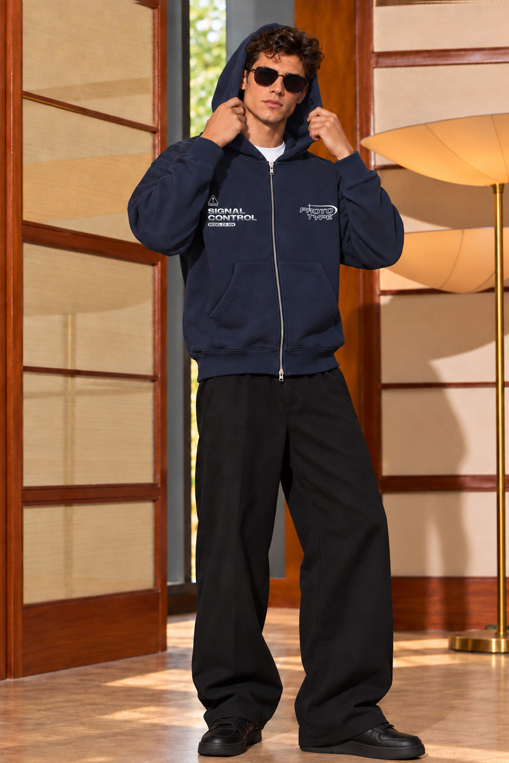 Men's Navy Blue 3-Thread Fleece 320 GSM Heavyweight Double-Zipper Hoodie