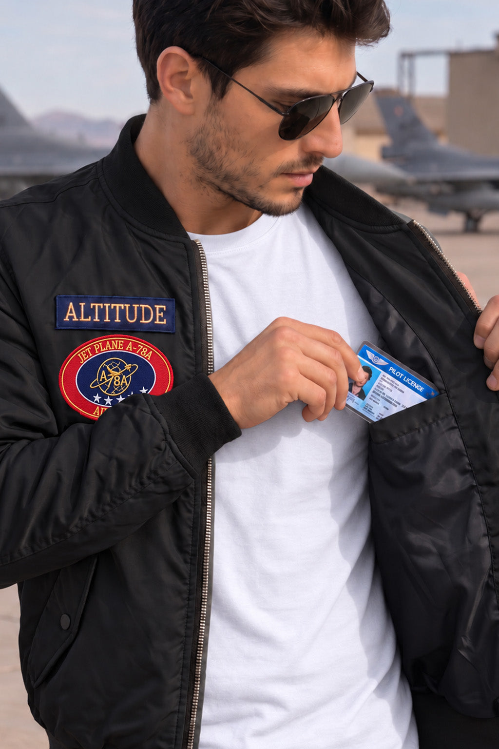Altitude Black Multi-Patch Detailed Full Sleeve Zip-Up Pilot Jacket