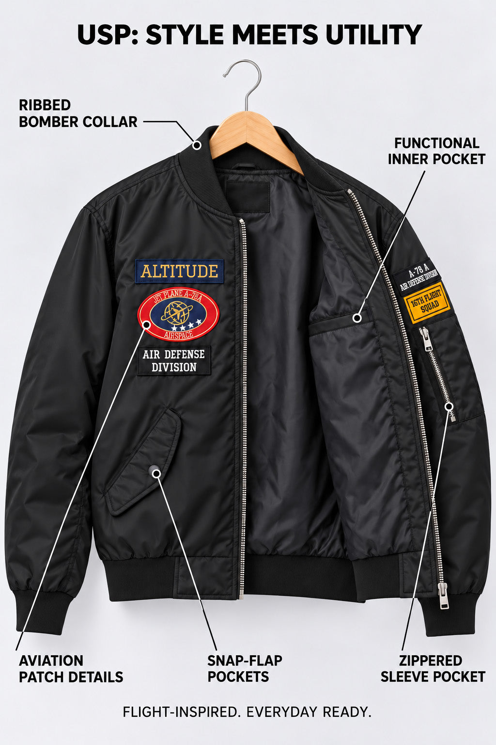 Altitude Black Multi-Patch Detailed Full Sleeve Zip-Up Pilot Jacket