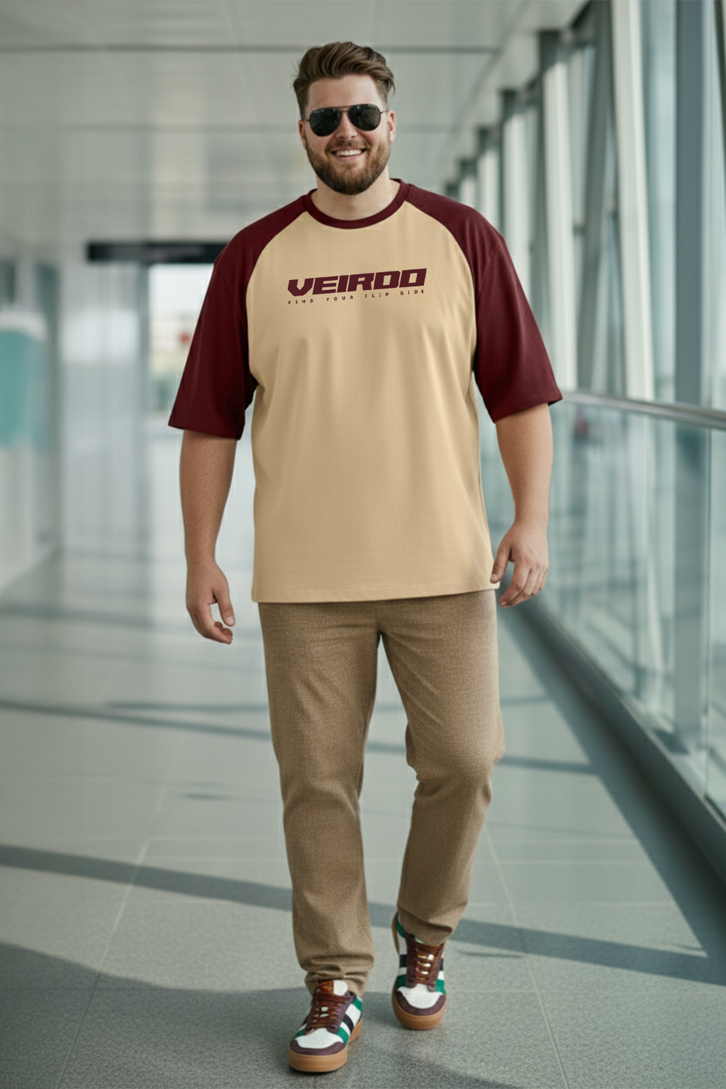 Veirdo Original Maroon Raglan Sleeve Graphic Printed Plus Size T-shirt