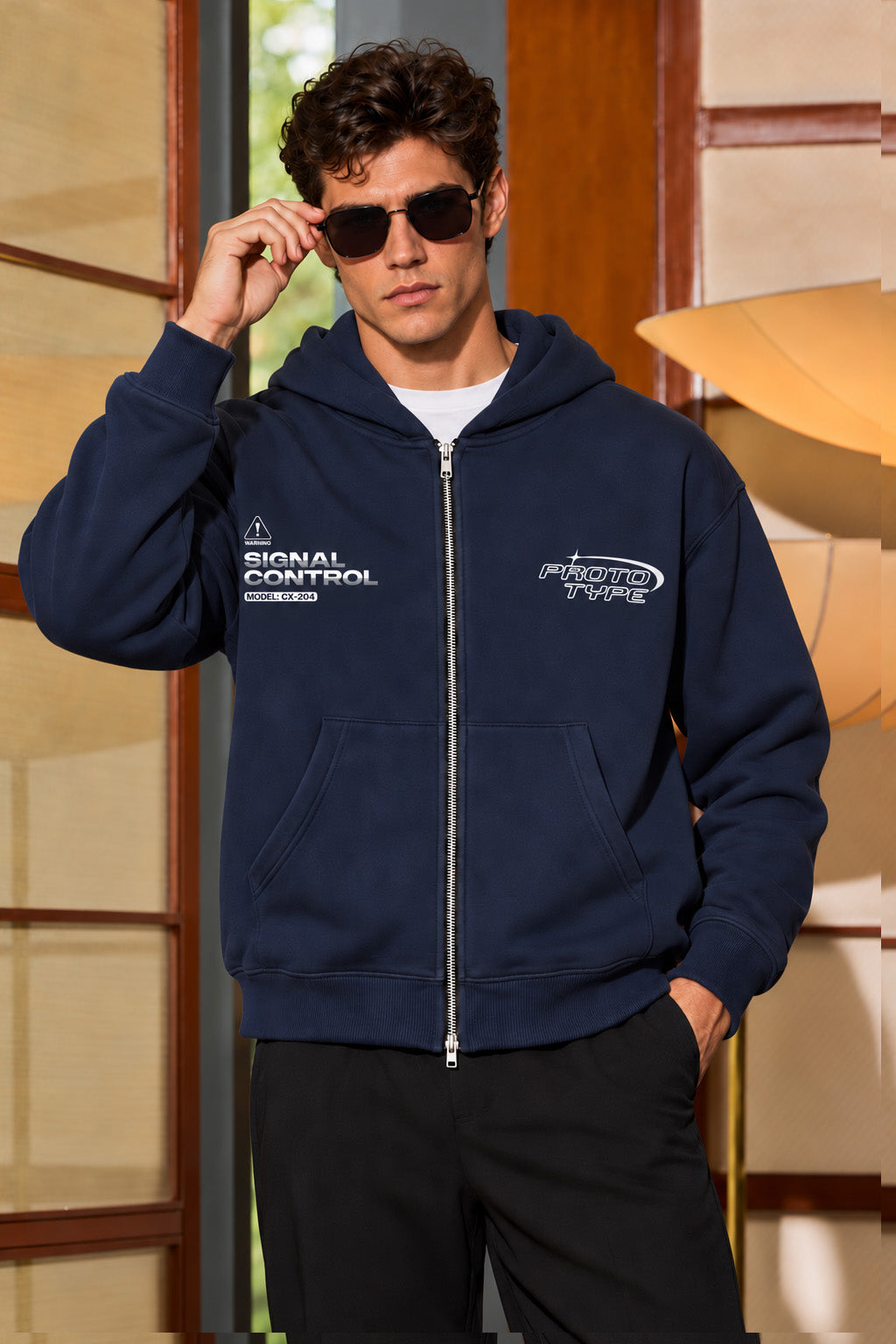 Men's Navy Blue 3-Thread Fleece 320 GSM Heavyweight Double-Zipper Hoodie