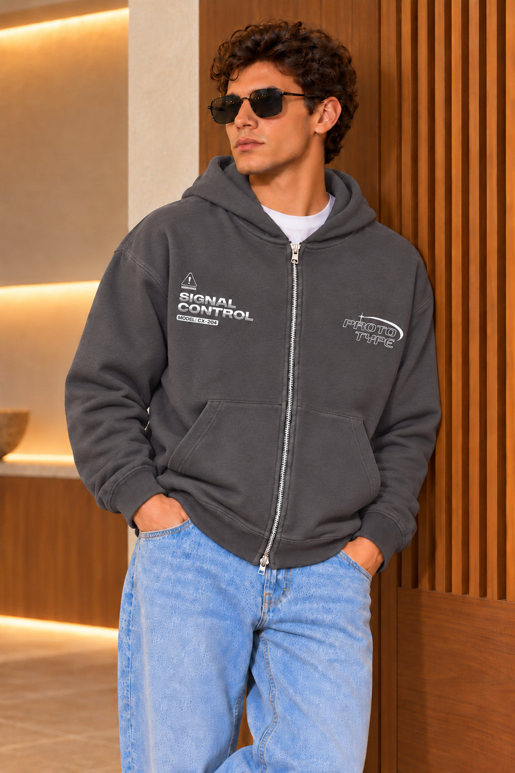 Men's Grey 3-Thread Fleece 320 GSM Heavyweight Double-Zipper Hoodie