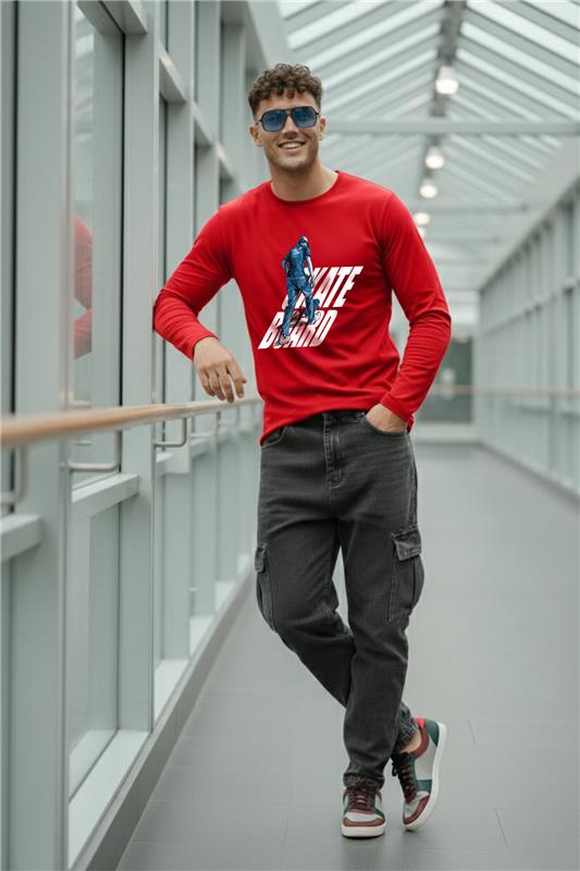 Skate Board Red Full Sleeves Regular Fit Printed T-shirt