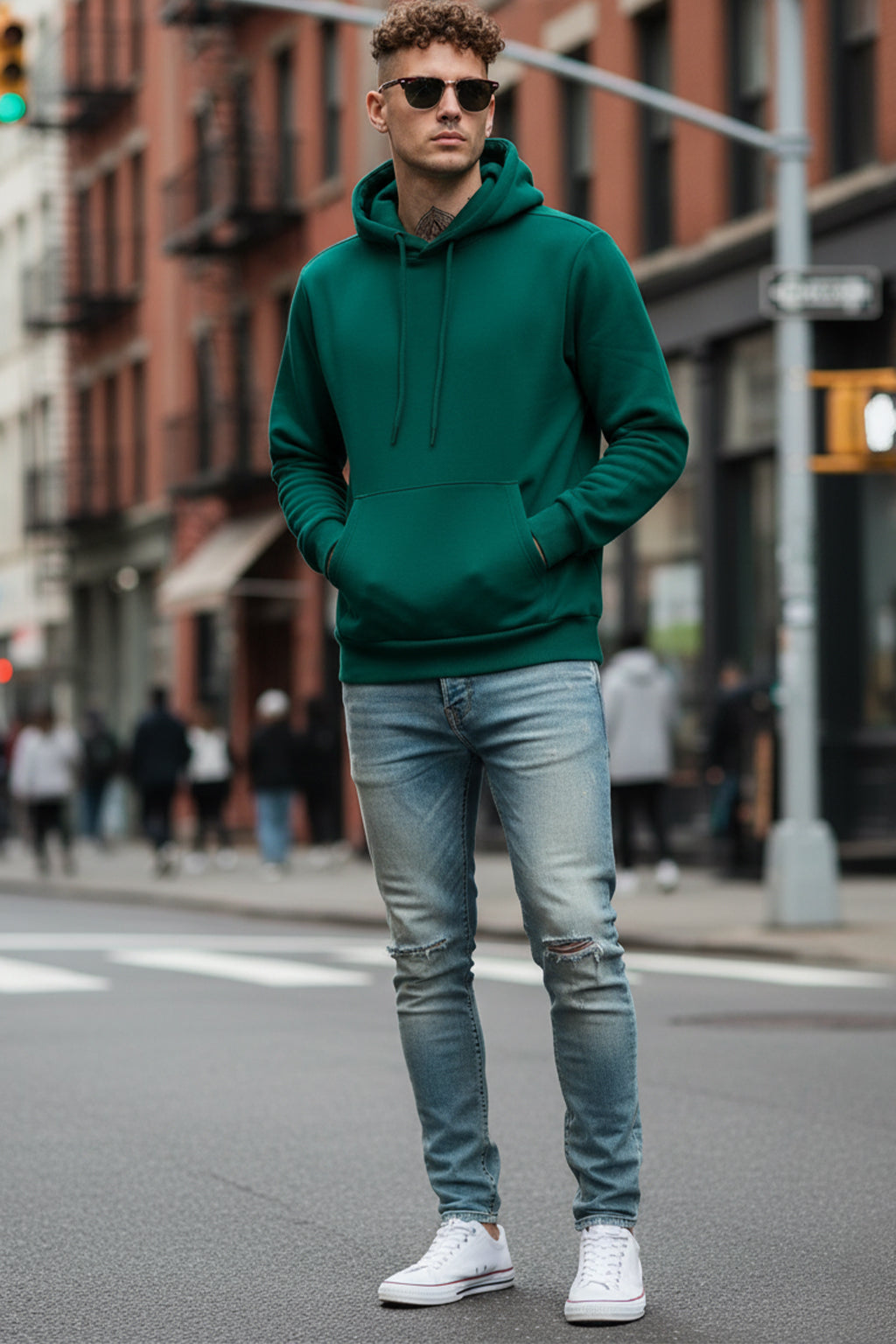 Dark Green Plain Regular Fit Hoodie