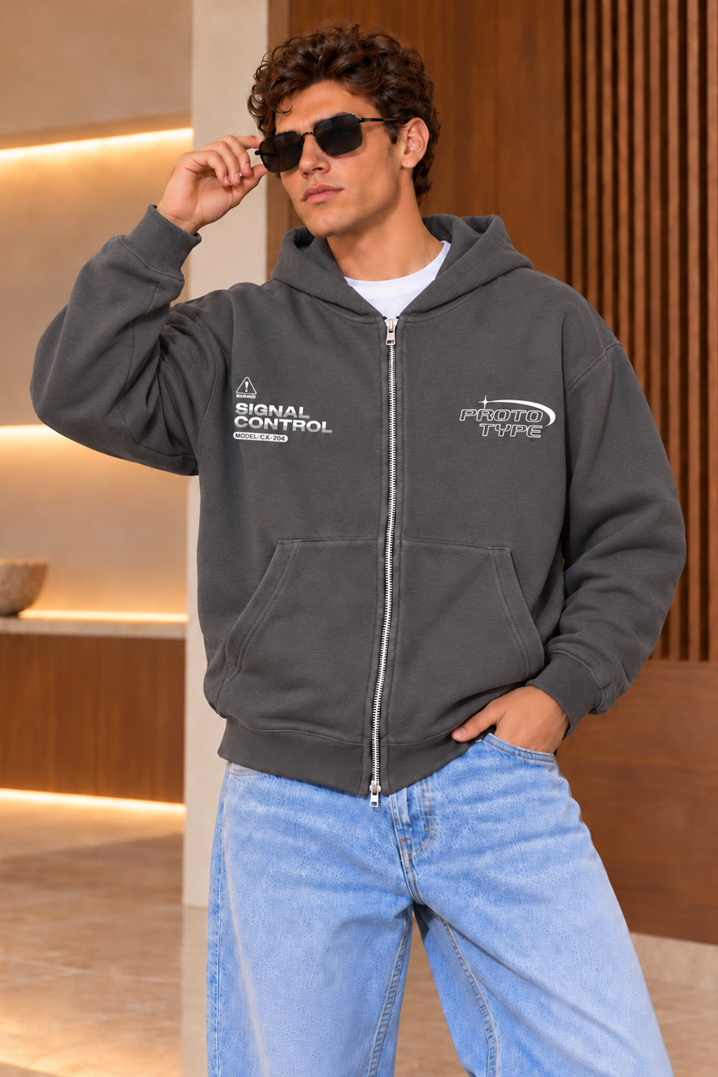 Men's Grey 3-Thread Fleece 320 GSM Heavyweight Double-Zipper Hoodie