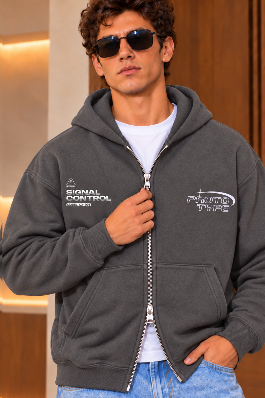 Men's Grey 3-Thread Fleece 320 GSM Heavyweight Double-Zipper Hoodie