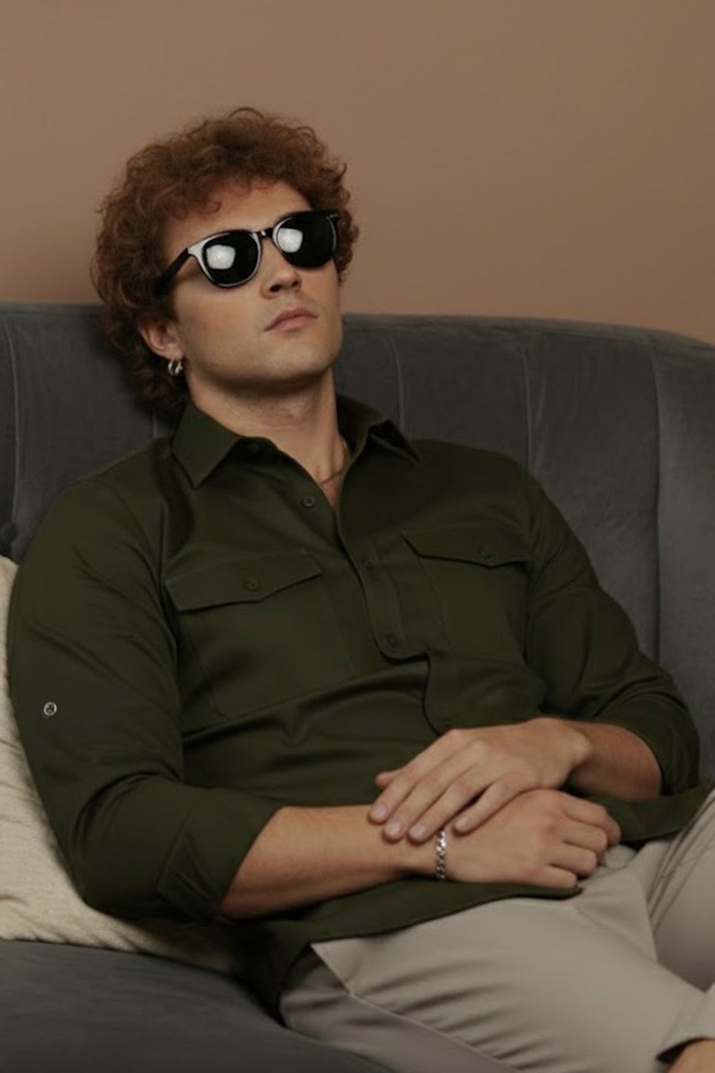 Green Plain Relaxed Fit Full Sleeve Dual Pocket Utility Exclusive Shirt