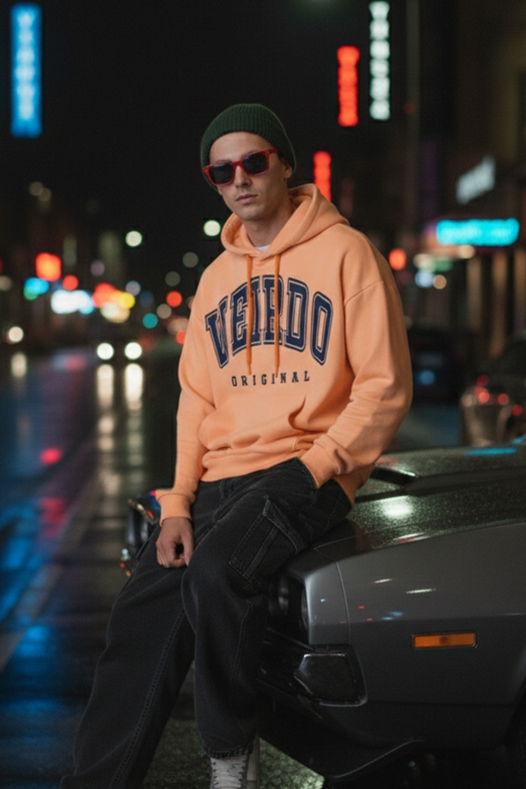 Veirdo Original Orange Front Printed Oversized Hoodie