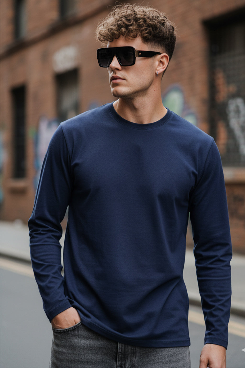 Navy Blue Plain Full Sleeves Regular Fit T-shirt