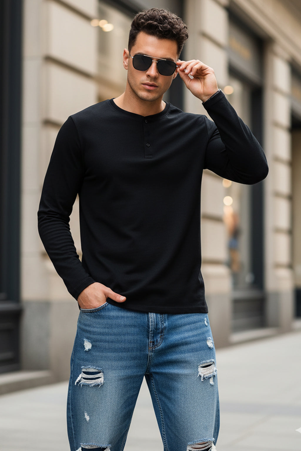 Henley Black Solid T-shirt