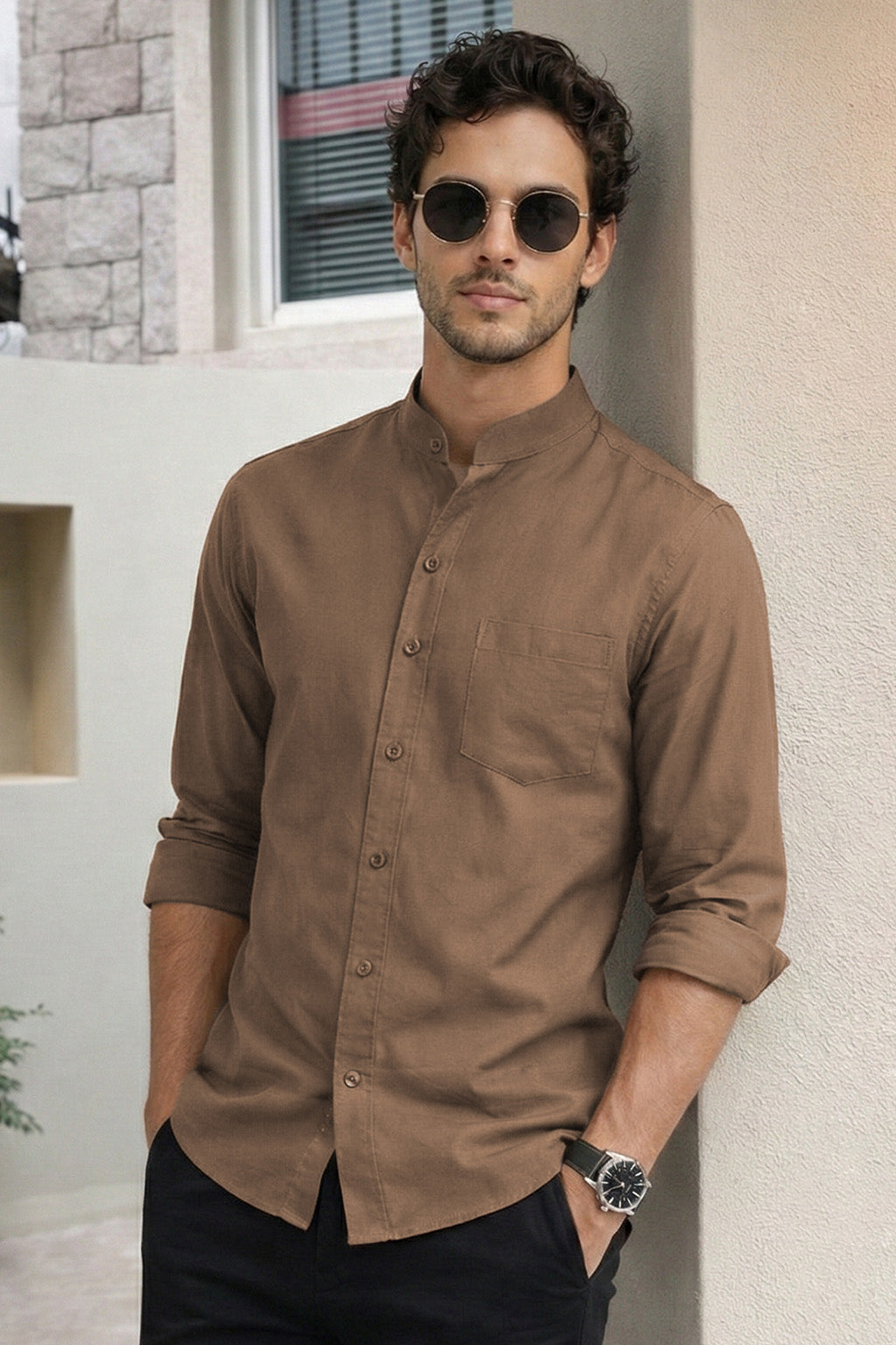 Brown Plain Regular Fit Chinese Collar Full Sleeve Exclusive Shirt
