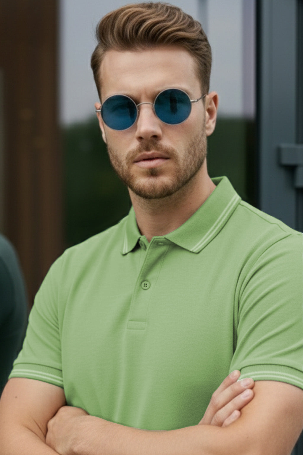 Green Bird Eye Pique Stripe Collar Regular Fit Tipping Polo T-shirt