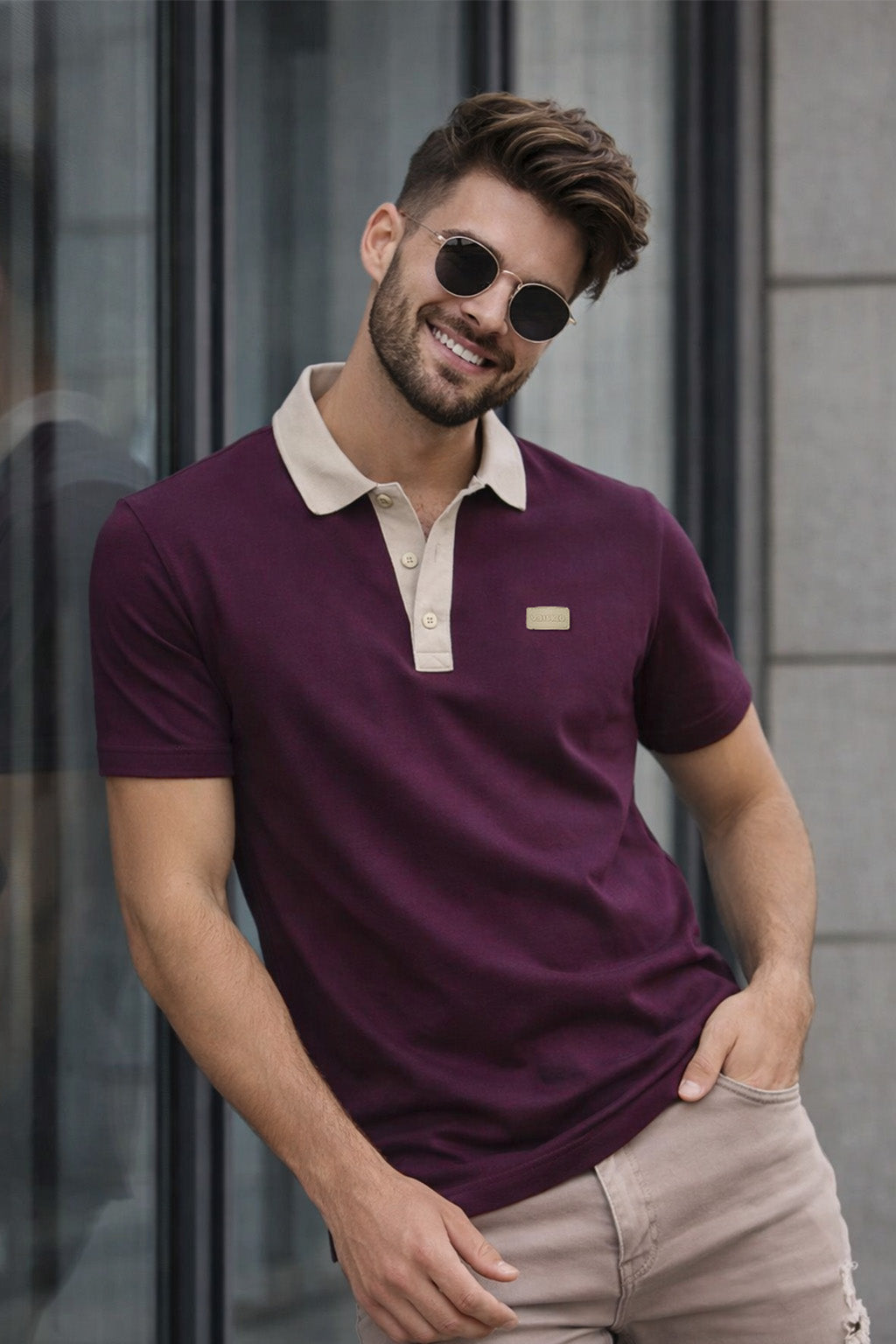 Wine Contrast Collar Economic Regular Fit Pique Polo