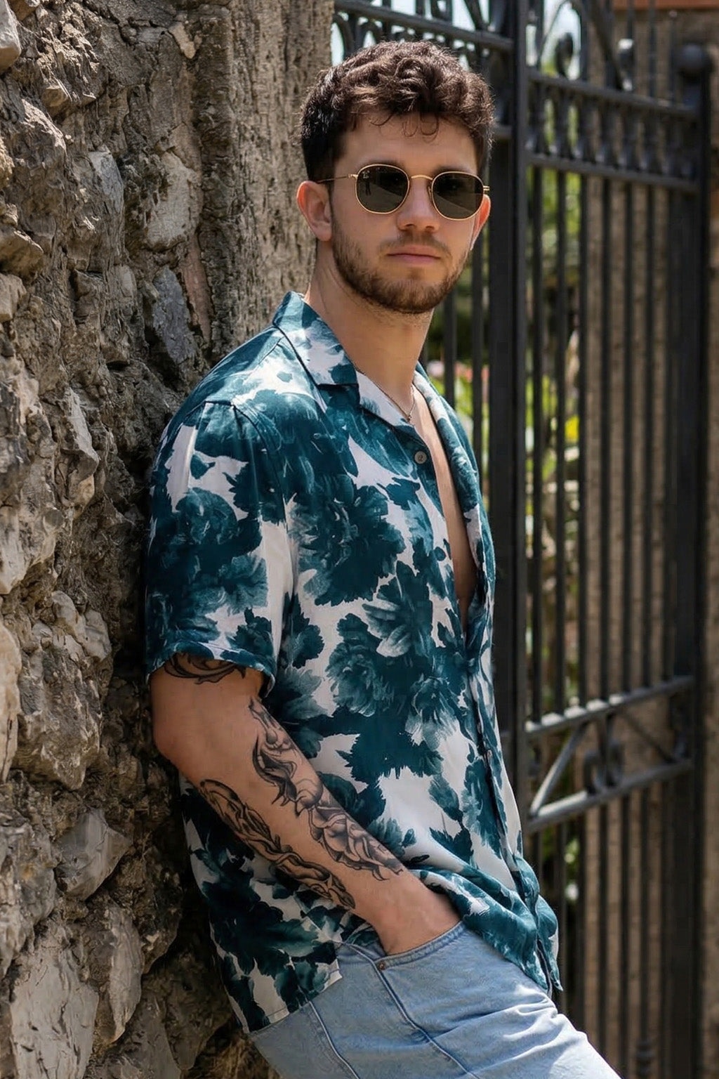 Leaf Print White & Navy Oversized All Over Printed Exclusive Shirt