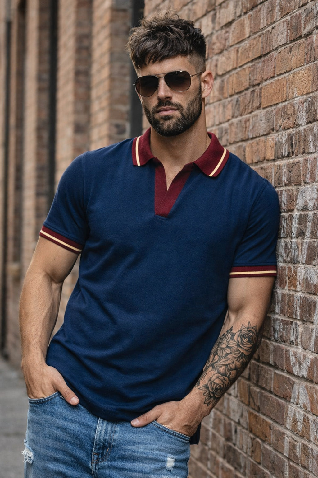 Navy Contrast Stripped Collar Economic Regular Fit Pique Polo