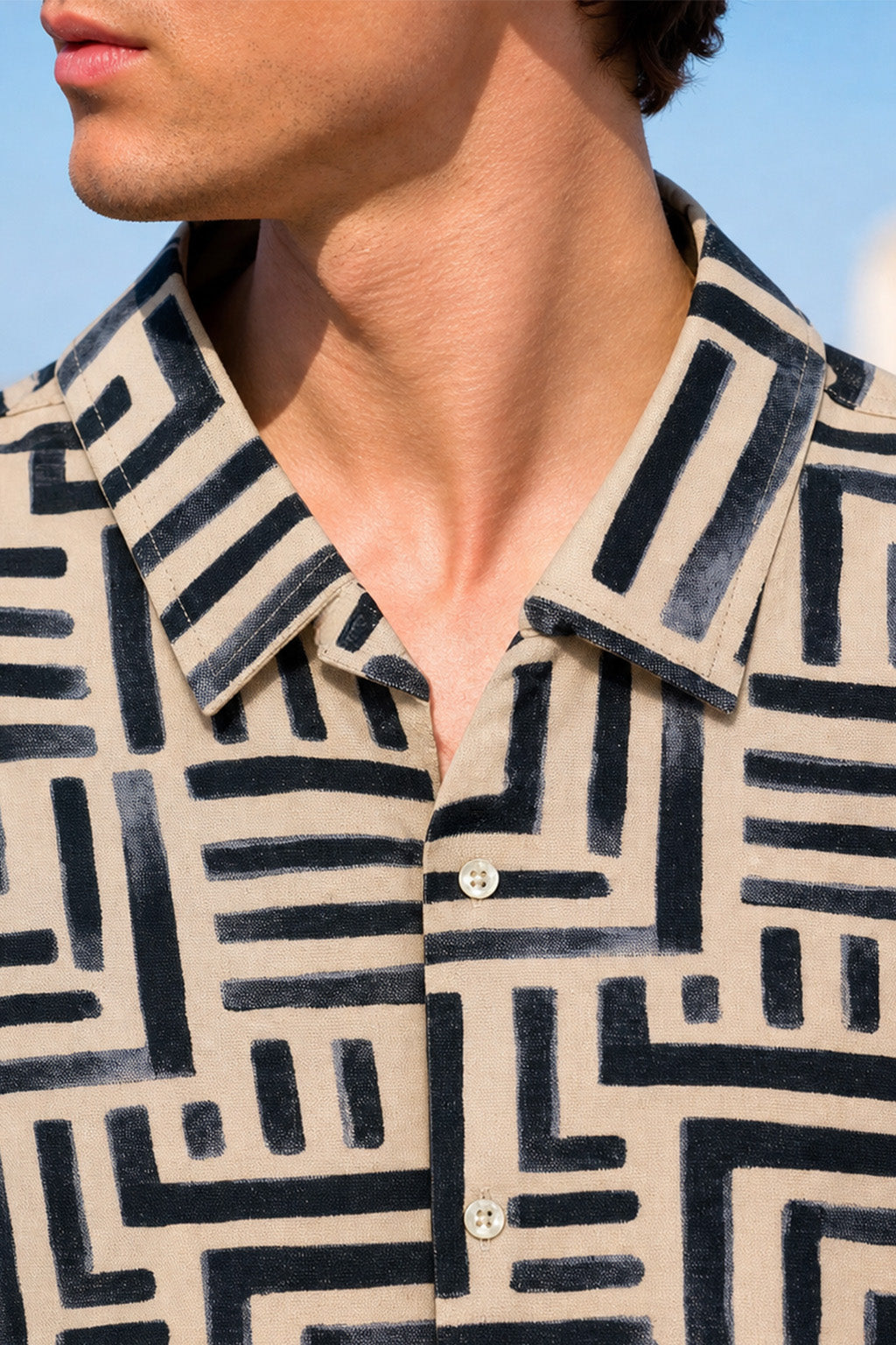 Geo Lines Beige All Over Printed Oversized Exclusive Shirt