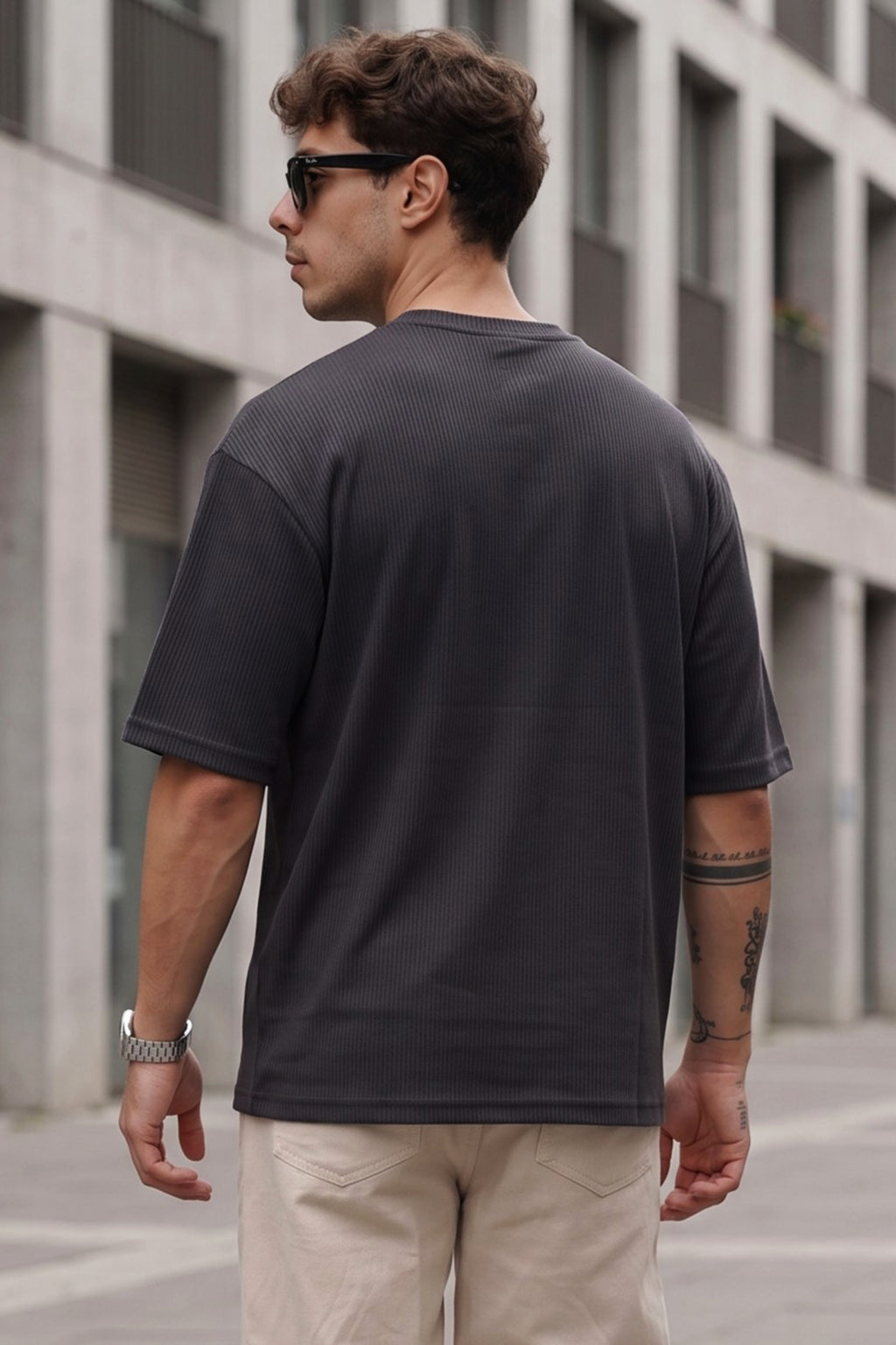 Cosmic Dark Grey Oversized Textured T-shirt