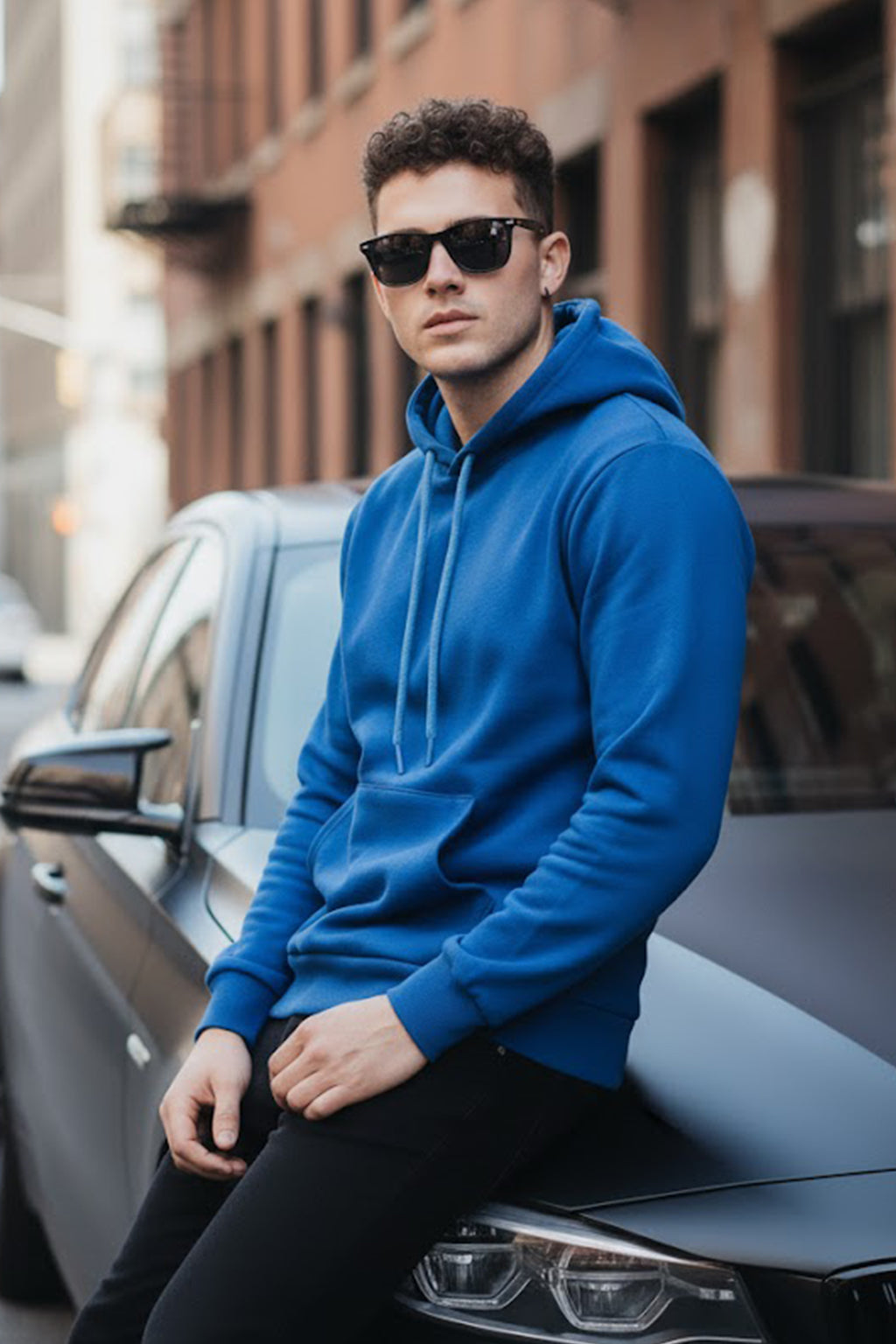 Blue Plain Regular Hoodie
