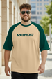 Veirdo Original Beige & Green Raglan Sleeve Graphic Printed Plus Size T-shirt