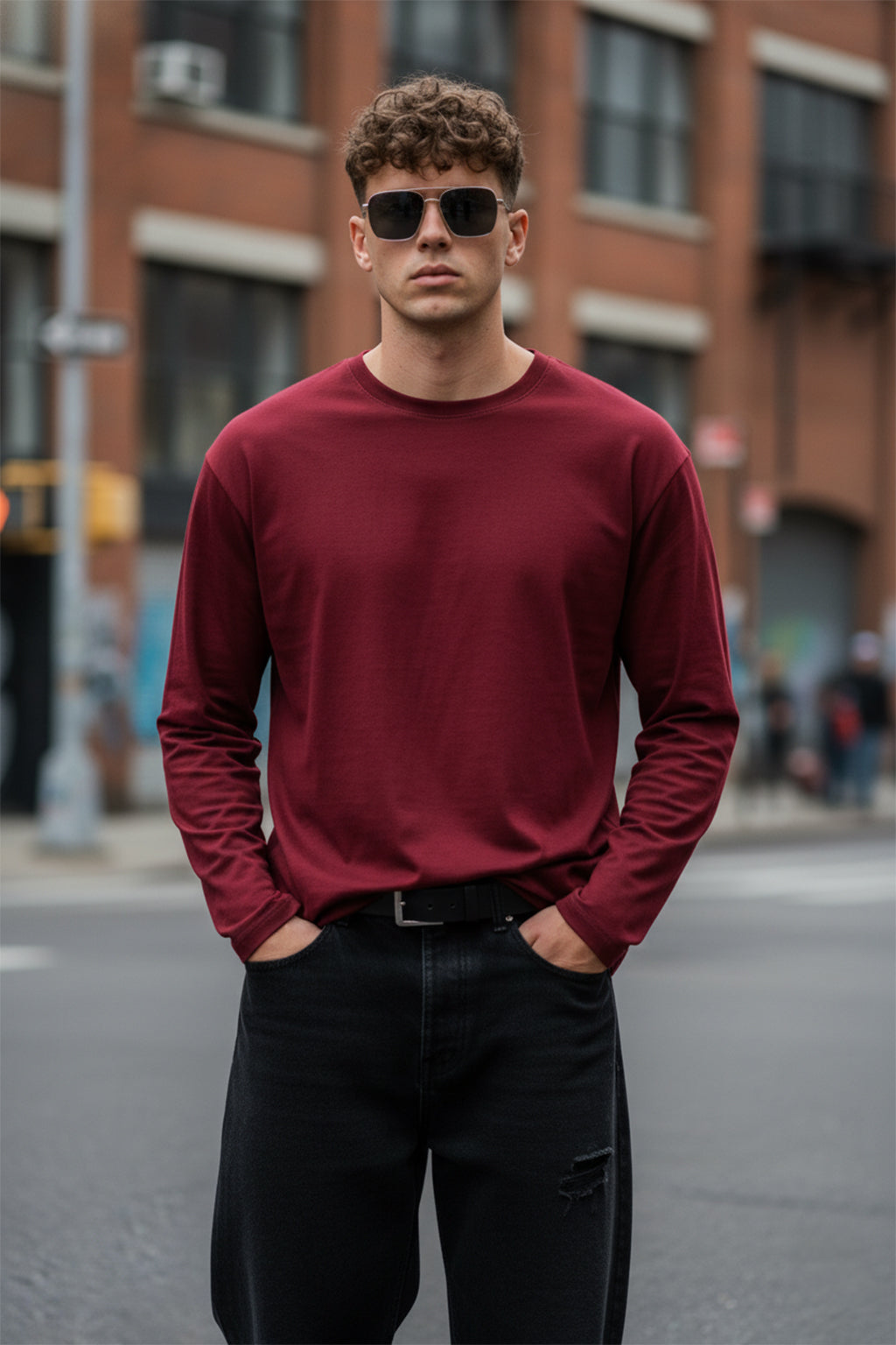 Maroon Plain Full Sleeves Regular Fit T-shirt