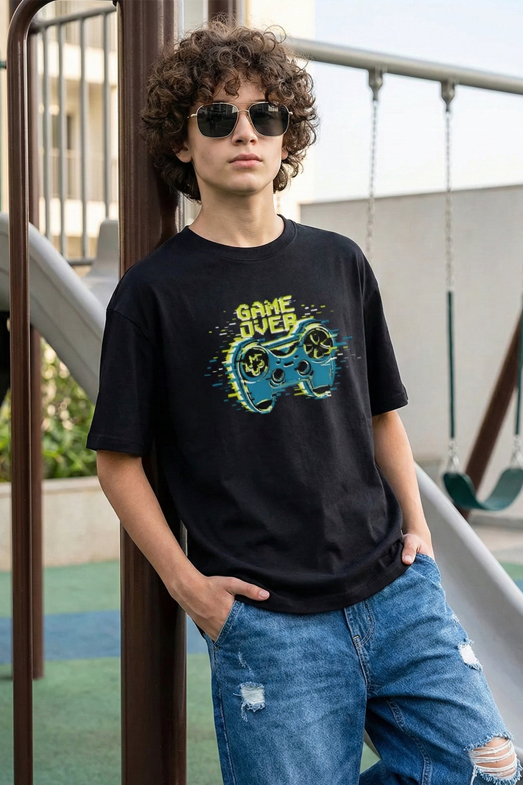 Game Over Black Oversized Graphic Printed Boys T-shirt
