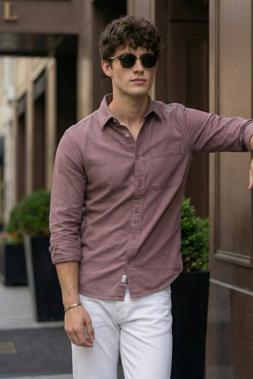 Rose Wood Pink Plain Regular Fit Single Pocket Full Sleeve Exclusive Shirt