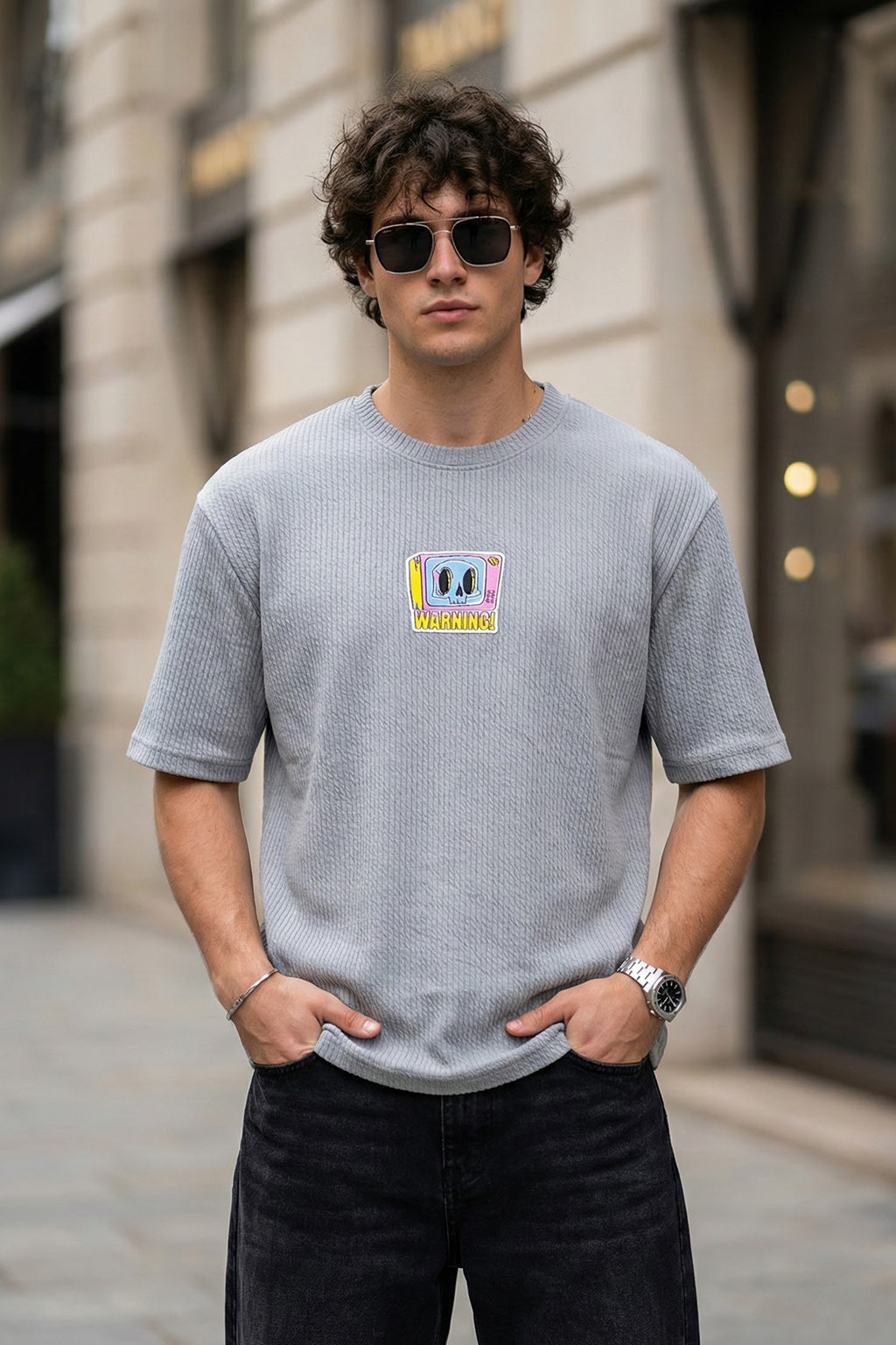 Warning Grey Oversized Textured Exclusive T-shirt