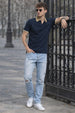 Navy Pique White Stripe Collar Regular Fit Tipping Polo T-shirt