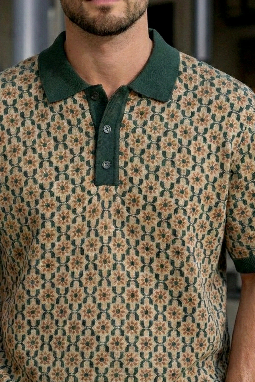 Milano Mosaic Green Flatknit Textured Loose Fit Exclusive Polo T-Shirt