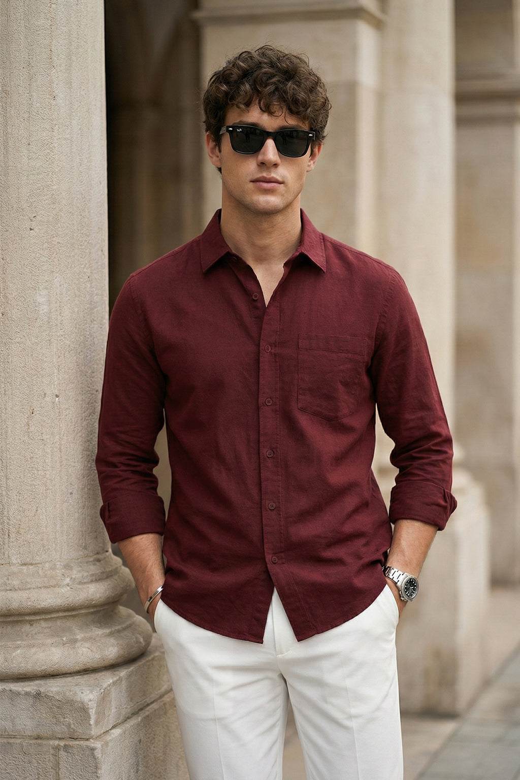 Maroon Plain Regular Fit Single Pocket Full Sleeve Exclusive Shirt