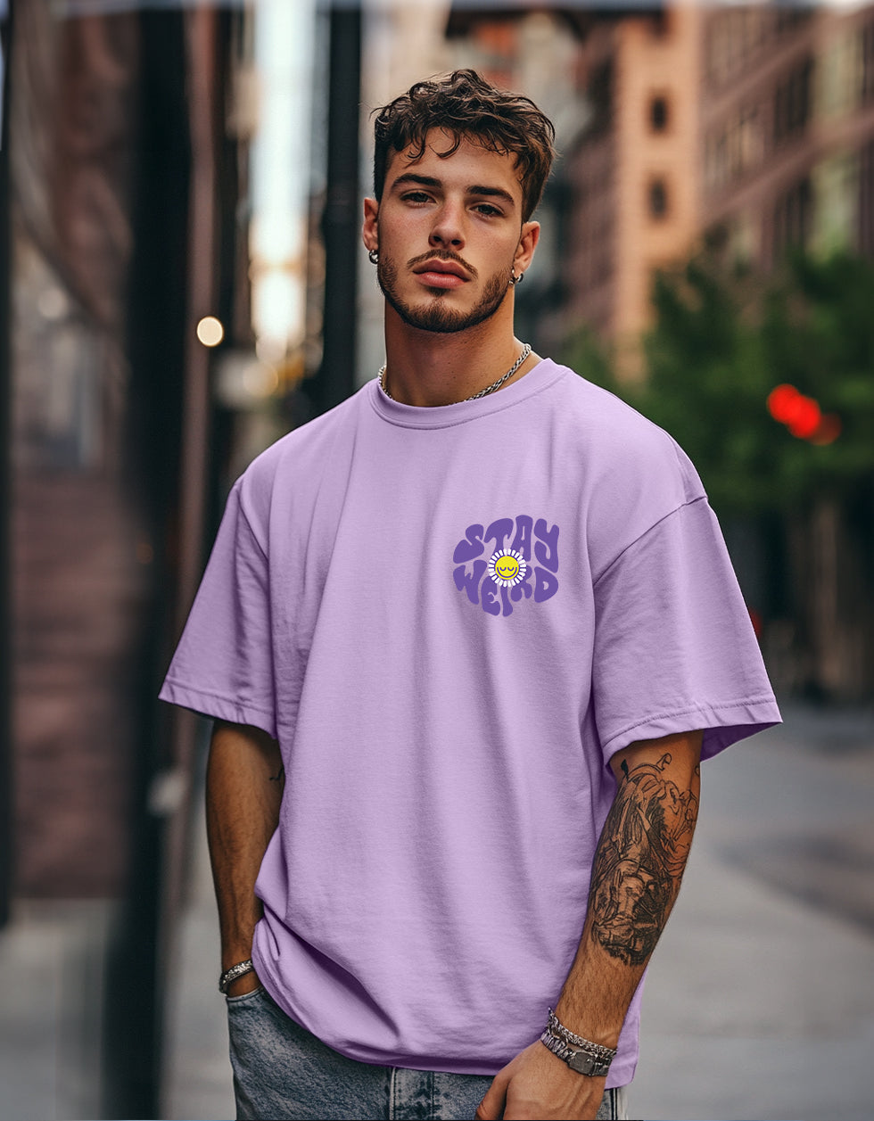 Stay Weird Lilac Oversized Pocket Graphic Printed Tshirt