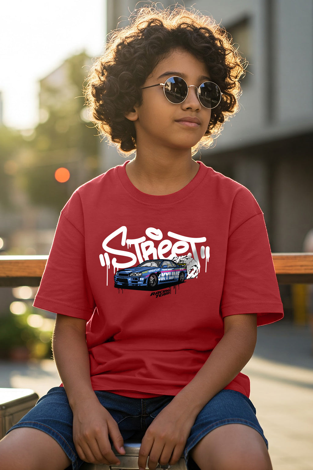 Street Racing Red Oversized Graphic Printed Boys T-shirt